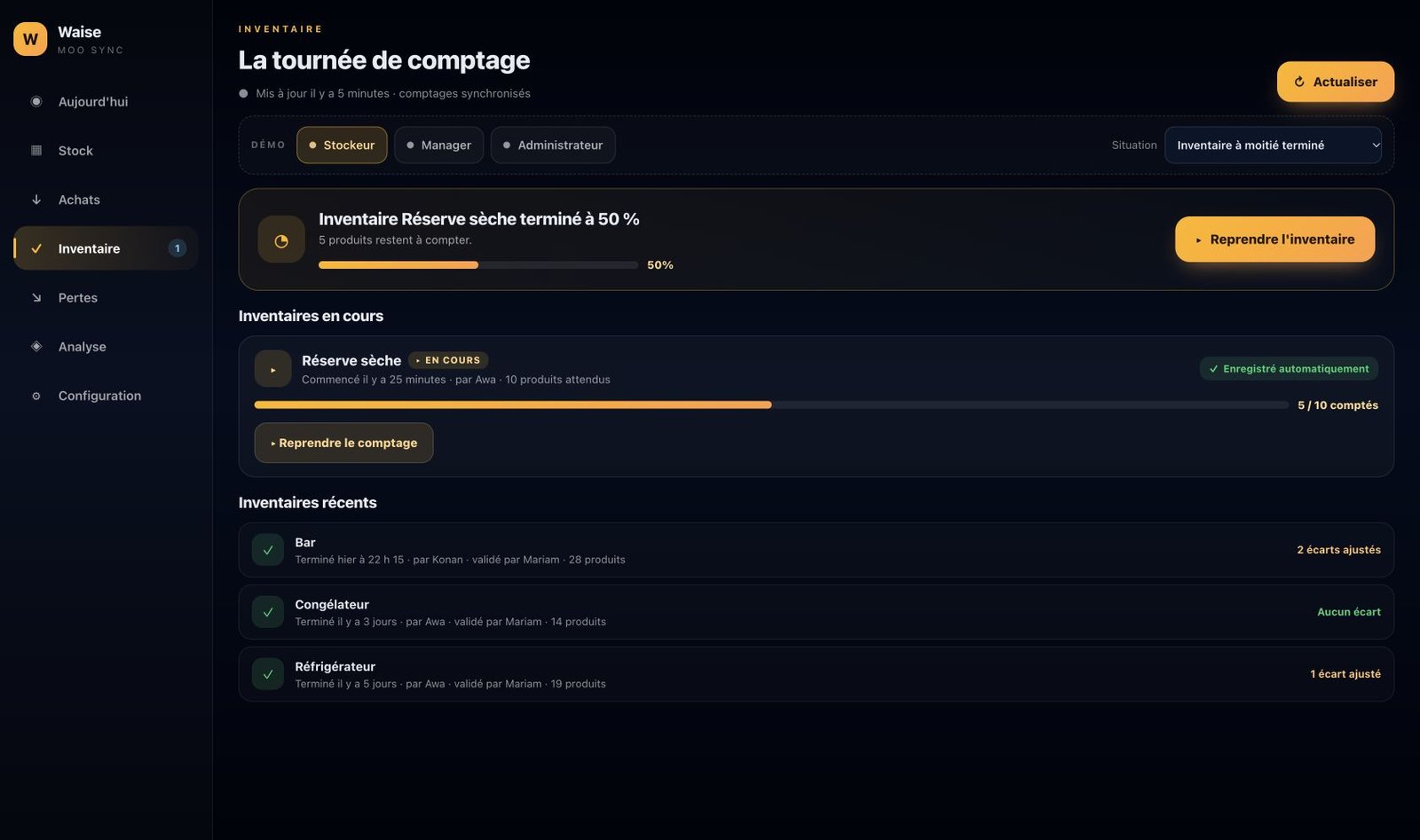Inventaire Waise avec quantités théoriques et comptées