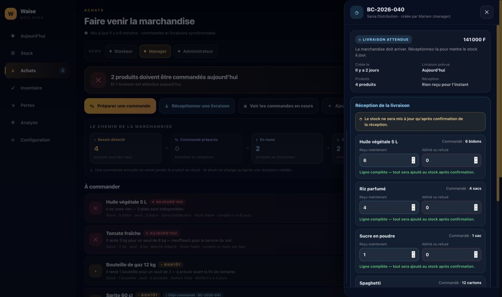 Fenêtre de réception d'une livraison dans Waise